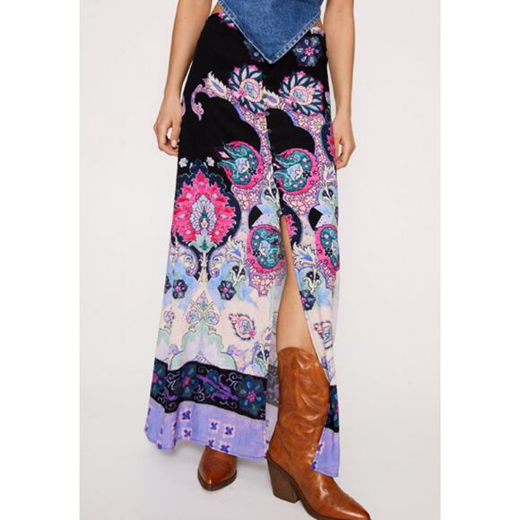 NEW! Nasty Gal Paisley Border Print Button Through Maxi Skirt 14 Navy Boho - Picture 10 of 10